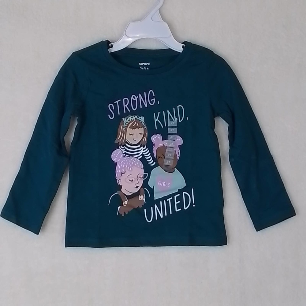 Carter's Kid Long‎ Sleeve Cotton T-Shirt Girl's Size 2T Teal w/ Diversity Theme